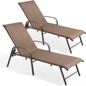Crestlive Products Chaise Lounge Chair Outdoor with Armrests, Pool Lounge Chairs Set of 2, Aluminum Adjustable 5 Positions Sun Tanning Lounger for Patio, Poolside, Yard, Deck, Backyard (Brown)