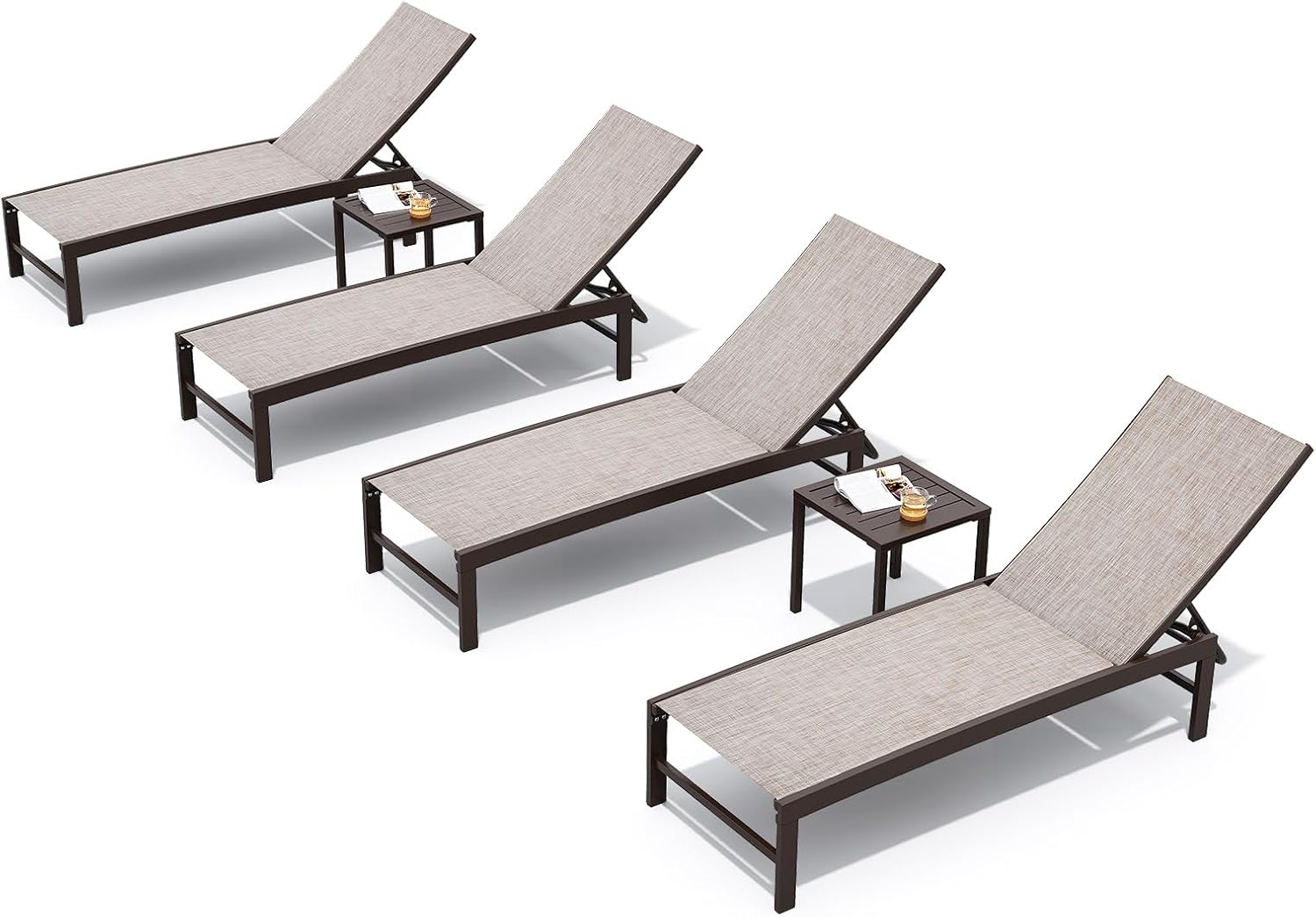 Crestlive Products 4PCS Chaise Lounge Chairs Outdoor with 2PCS Side Tables, Aluminum Patio Lounge Set, Adjustable Five-Position Recliner for Beach, Pool, Sunbathing, Lawn, Yard
