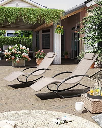 Crestlive Products Patio Rocking Chair Curved Rocker Chaise Lounge Chair with Pillow for Beach Yard Pool Outdoor Indoor, Gray Steel Frame (2 PCS Beige) - Image 5