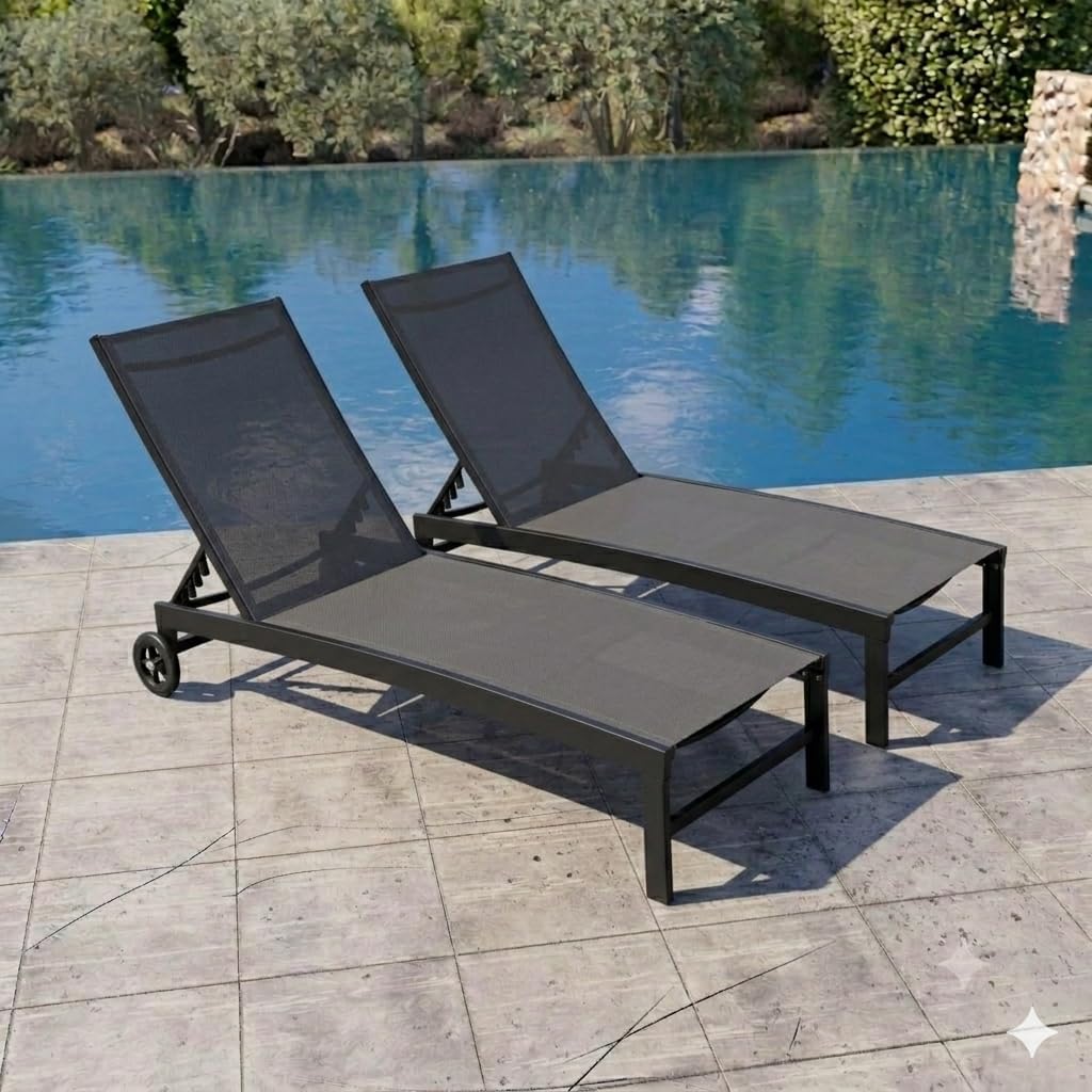 Pool Lounge Chairs with Wheels, Chaise Lounge Outdoor Set of 2 (Black)