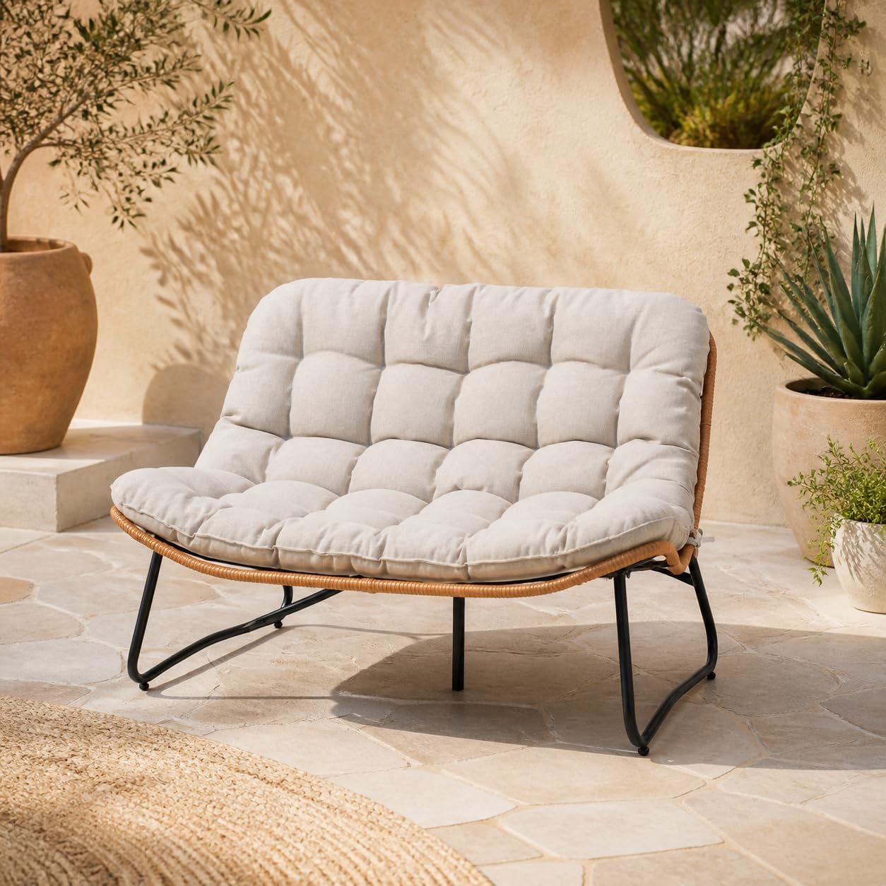 Outdoor Loveseat with Soft Cushion,Boho Rattan Patio 2-Seat Sofa (Beige)
