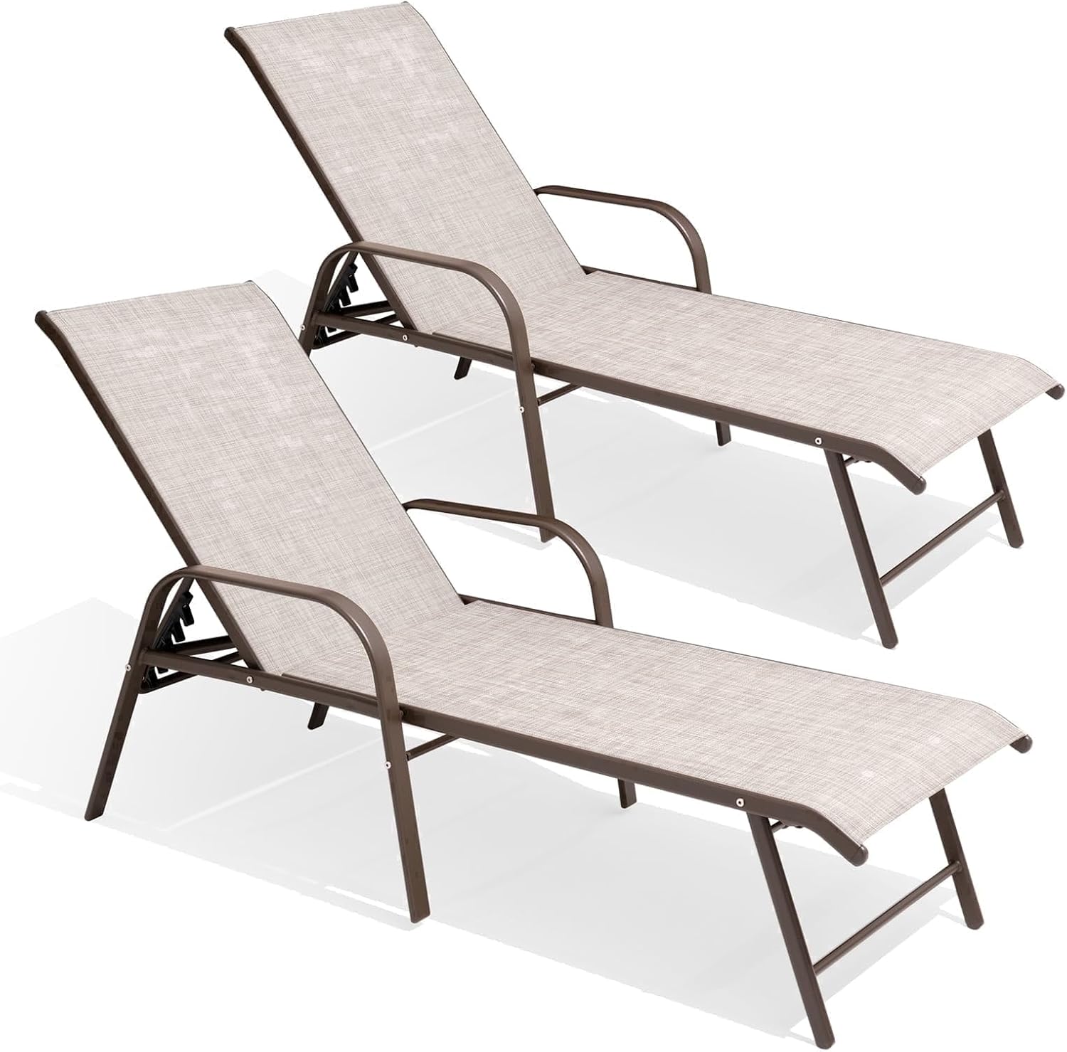 Crestlive Products Chaise Lounge Chair Outdoor with Armrests, Pool Lounge Chairs Set of 2, Aluminum Adjustable 5 Positions Sun Tanning Lounger for Patio, Poolside, Yard, Deck, Backyard (Beige)