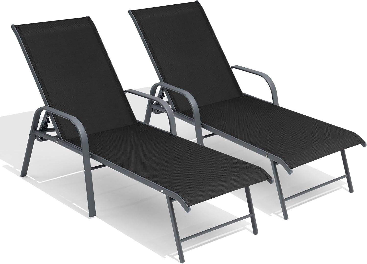Crestlive Products Lounge Chair Outdoor with Armrests, Pool Lounge Chairs Set of 2, Aluminum Adjustable 5 Positions Tanning Chairs for Outside, Patio, Poolside, Yard, Deck, Backyard (Black)