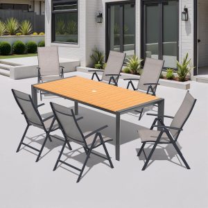 Crestlive Products 7 Pieces Patio Dining Set for 6, Outdoor Table and Folding Dining Chairs 70in Rectangle Aluminum Table with Umbrella Hole Foldable Adjustable High Back Patio Chairs, Brown