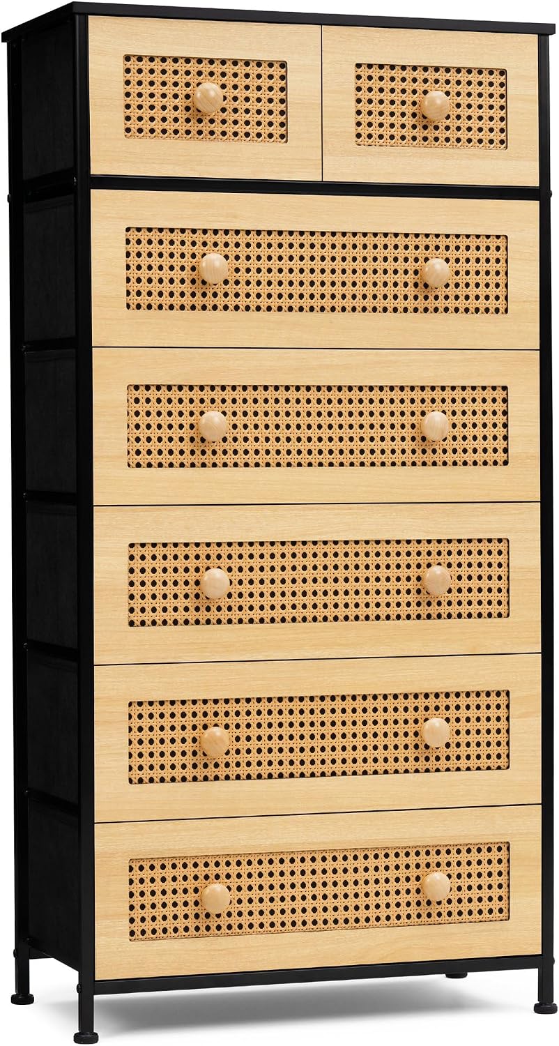 Crestlive Products Rattan Dresser Tall Storage Tower, Chests of Drawers, Easy Pull Fabric Bins, Wood Handles - Organizer Unit for Bedroom, Entryway, Closets - 7 Natural Drawers, Black Top & Frame