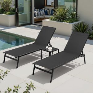 Pool Lounge Chair Set of 3, Outdoor Lounge Chairs (Black)