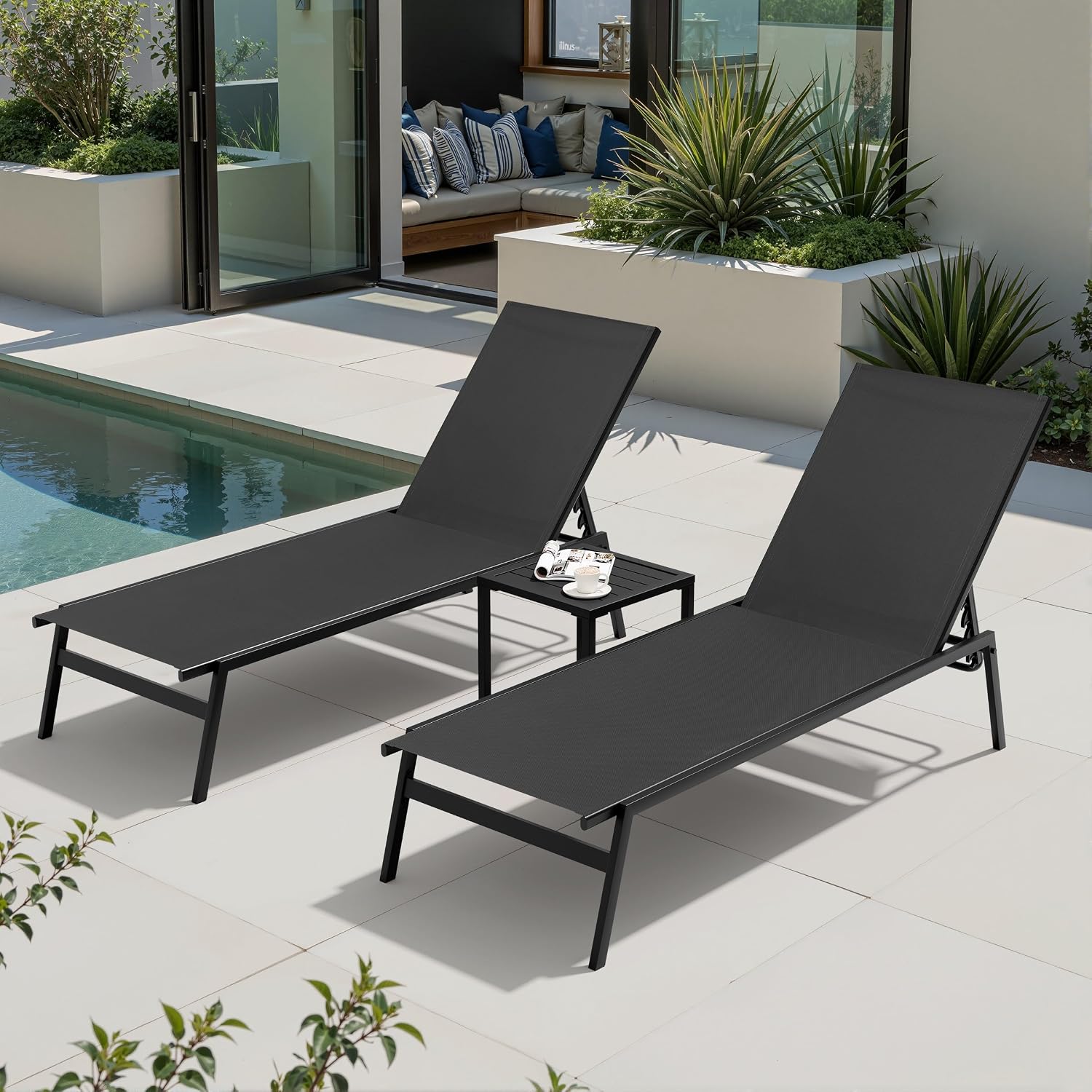 Pool Lounge Chair Set of 3, Outdoor Lounge Chairs (Black)