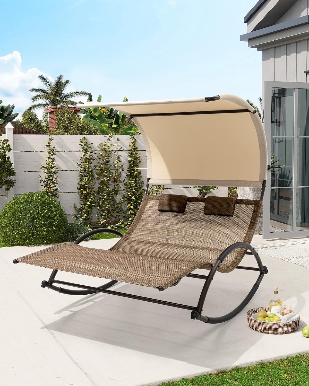 Crestlive Products Outdoor Double Chaise Lounge Chair with Canopy & Wheels, 2 Person Patio Rocking Lounge Chair with Headrests & Sun Shade for Backyard, Poolside, Garden (Brown)