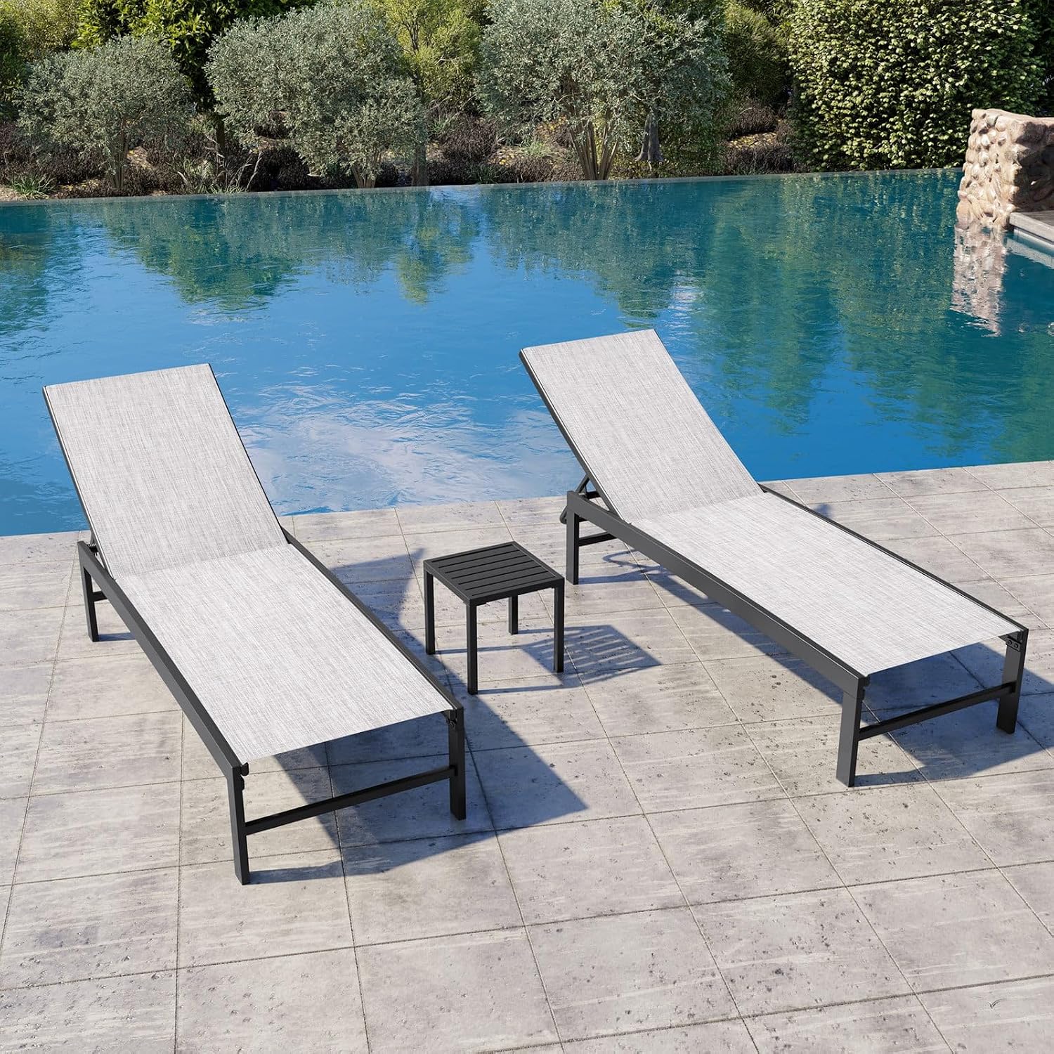 Crestlive Products Outdoor Pool Lounge Chairs Set of 3, Adjustable Five-Position Recliner for Beach, Pool, Patio, Lawn, Yard (Black Grey)