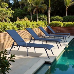 Crestlive Products Outdoor Chaise Lounge Chair, 5-Position Pool Lounge Chairs with Armrests Sunbathing Recliner for Patio, Beach, Deck, Yard (4PC Navy)