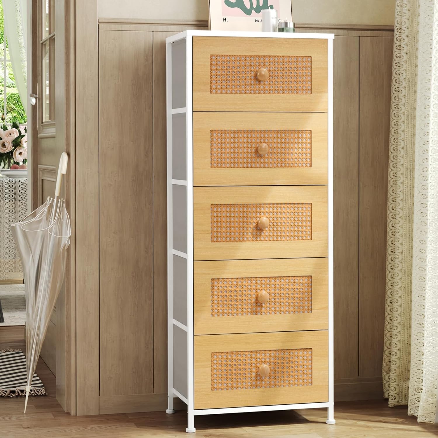 Crestlive Products Rattan Dresser, Tall Fabric Storage Tower, Chests of Drawers with Handles - Organizer Unit for Bedroom, Hallway, Entryway, Closets - 5 Drawers (Natural Drawers, White Top & Frame)
