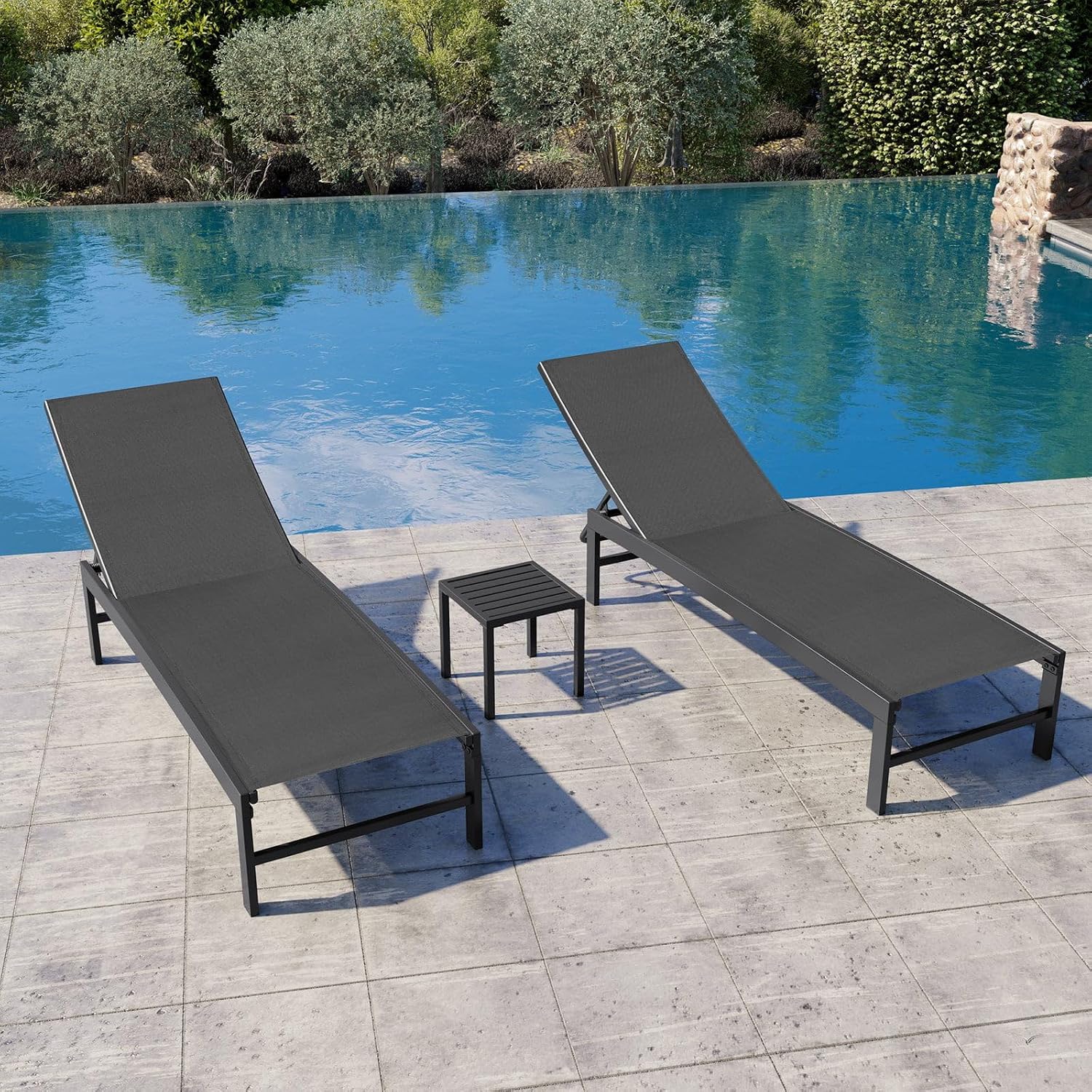 Crestlive Products 2PCS Chaise Lounge Chair Outdoor with 1PC Side Table, Adjustable 5 Positions Pool Tanning Recliner, Outdoor Lounge Furniture Perfect for Patio, Beach, Yard, Pool