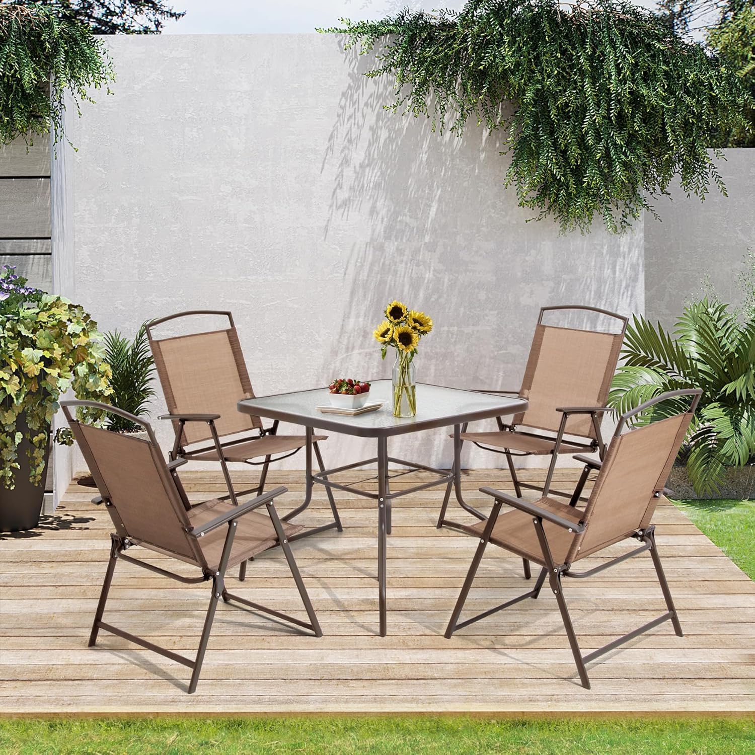 Crestlive Products 5 Piece Patio Dining Set, 4 Folding Chairs and Table
