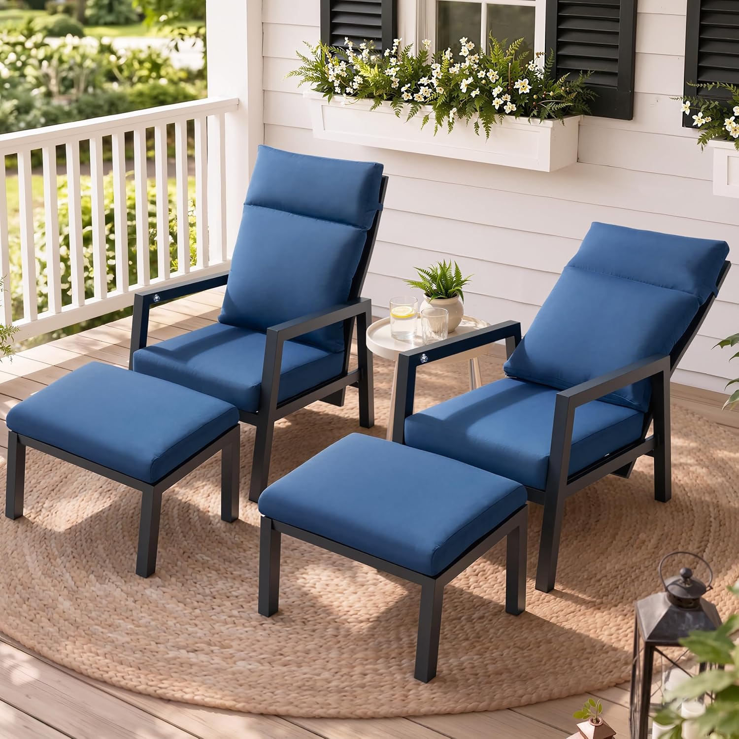 Aluminum Outdoor Recliner with Ottoman Set of 2, Pneumatic, Navy Blue