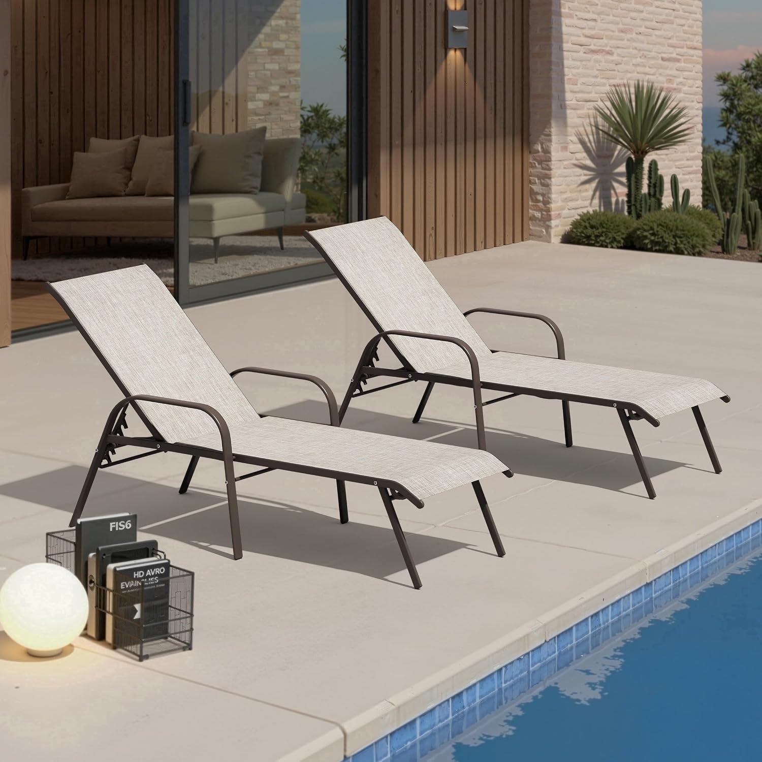 Crestlive Outdoor Chaise Lounge Chair,5-Position Pool Lounge Chairs with Armrests Sunbathing Recliner for Patio,Beach,Deck,Yard (2PC Beige)