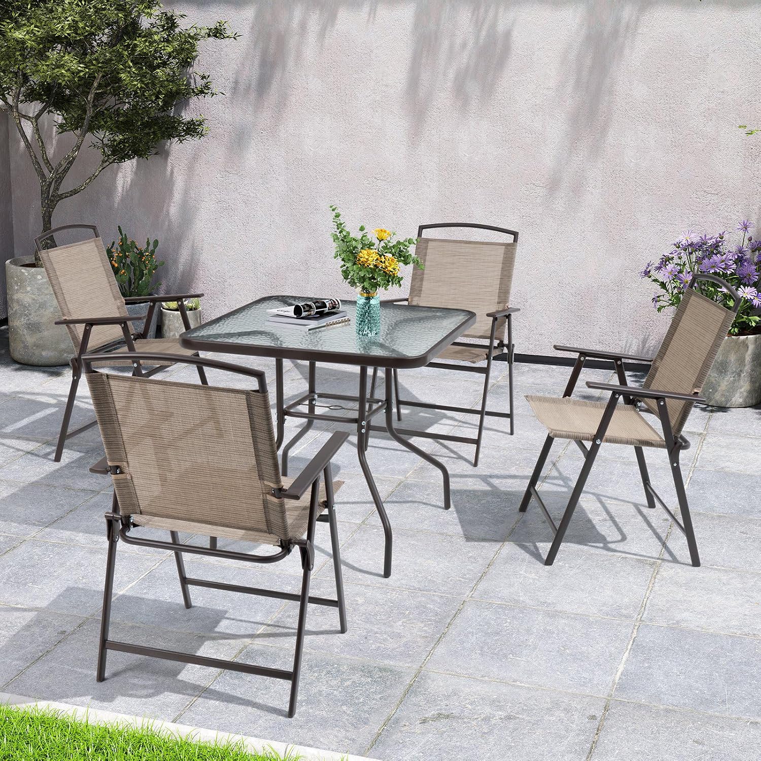 Crestlive Products 5 Piece Patio Dining Set, 4 Folding Chairs and Table