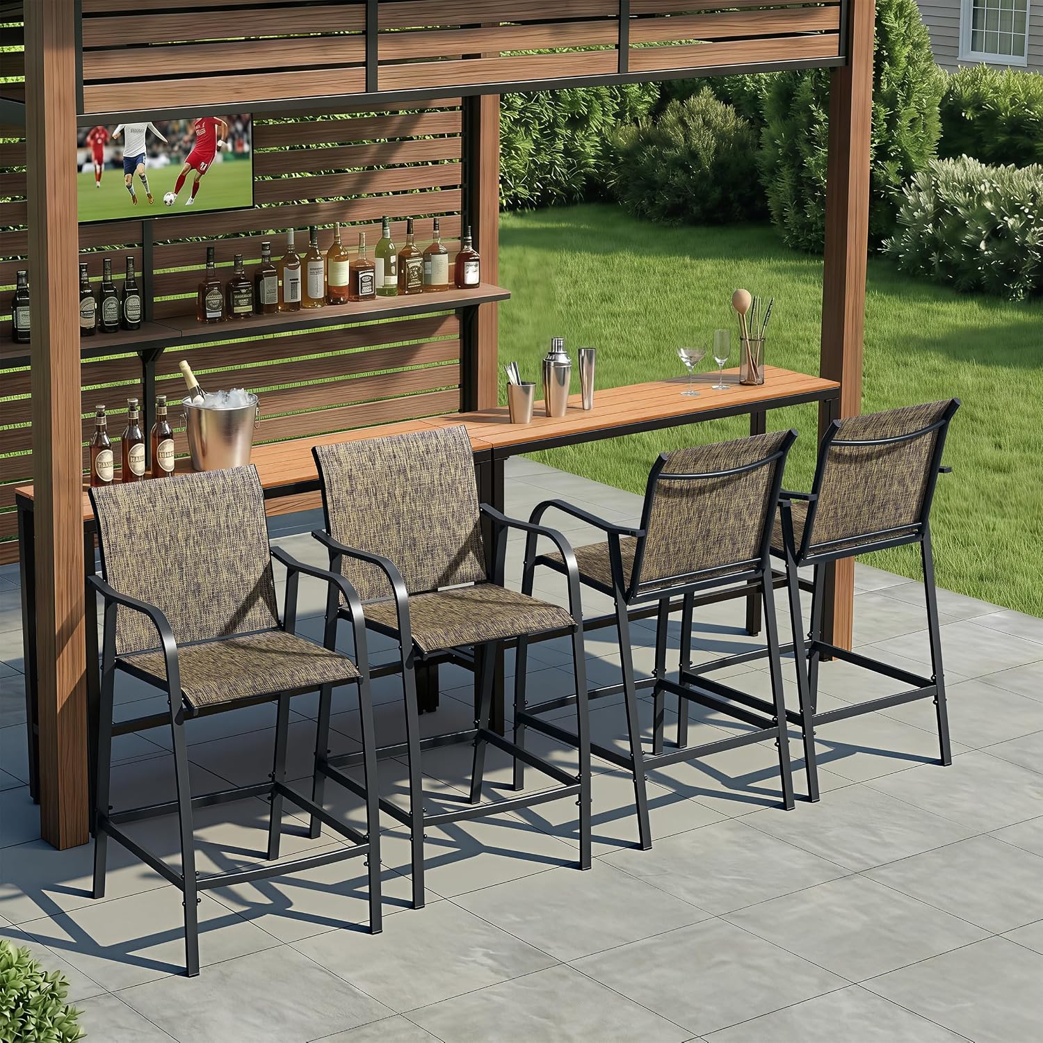 Crestlive Products Outdoor Bar Stools Set of 4, Heavy Duty Patio Furniture, Bar Height Tall Chairs with Armrest and Footrest, Textilene Fabric for Bistro, Lawn, Poolside, Backyard, Kitchen (Brown)