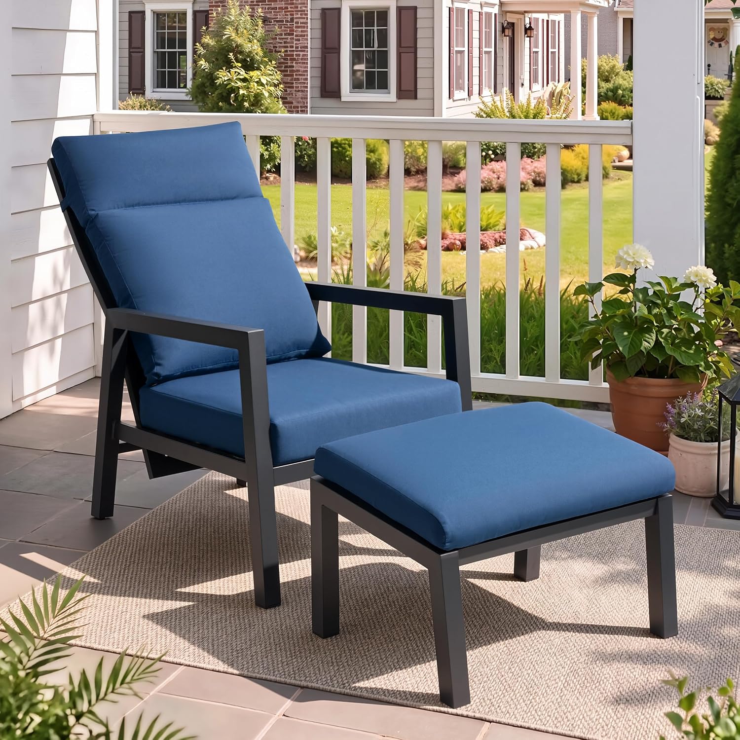Aluminum Outdoor Patio Chair with Ottoman, Pneumatic Adjustable, Navy Blue