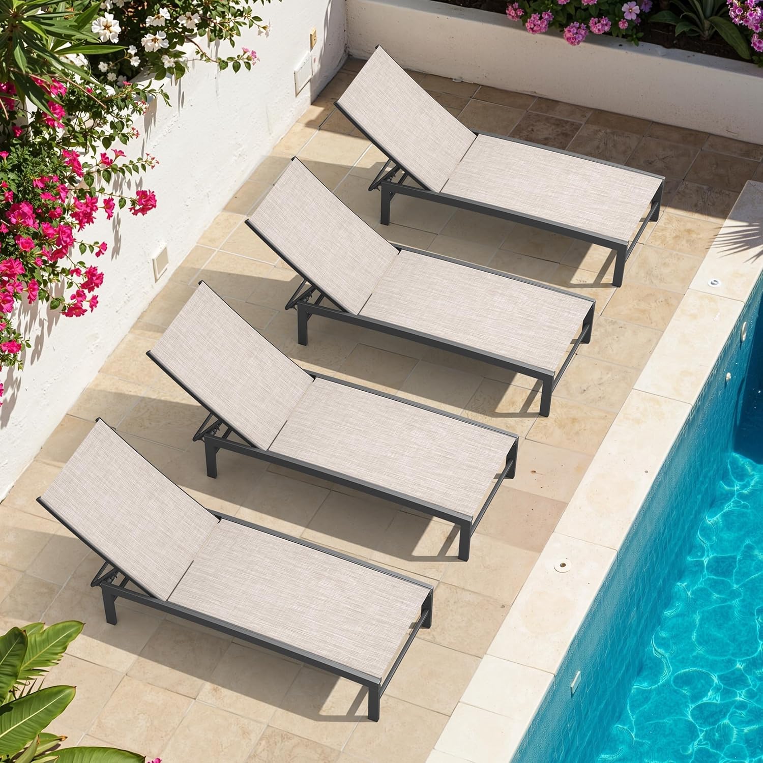 Crestlive Products Chaise Lounge Chair Outdoor Set of 4, Adjustable 5 Positions Pool Lounge Chairs, Metal Tanning Recliner, Outdoor Furniture All Weather for Patio, Beach, Yard, Pool(Beige)