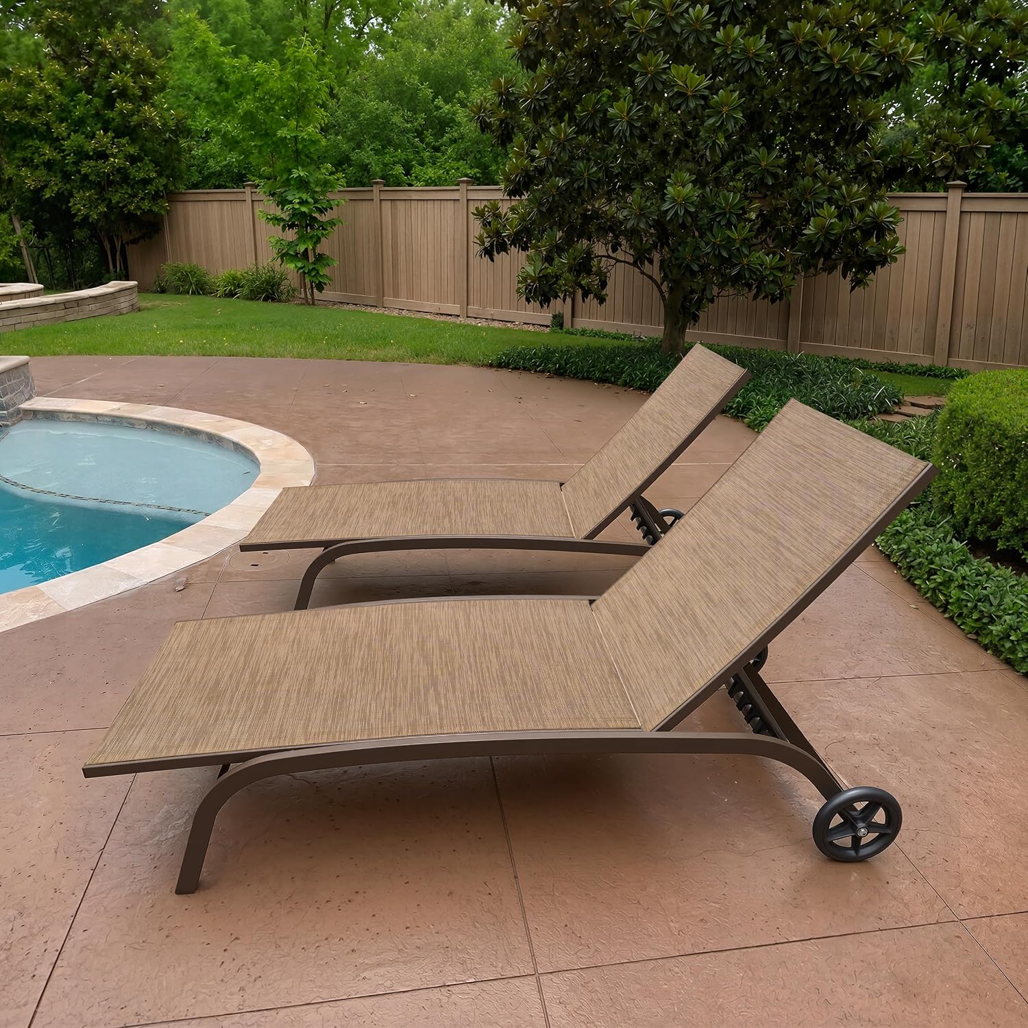 Pool Lounge Chairs with Wheels, Chaise Lounge Chairs Set of 2 (Brown)