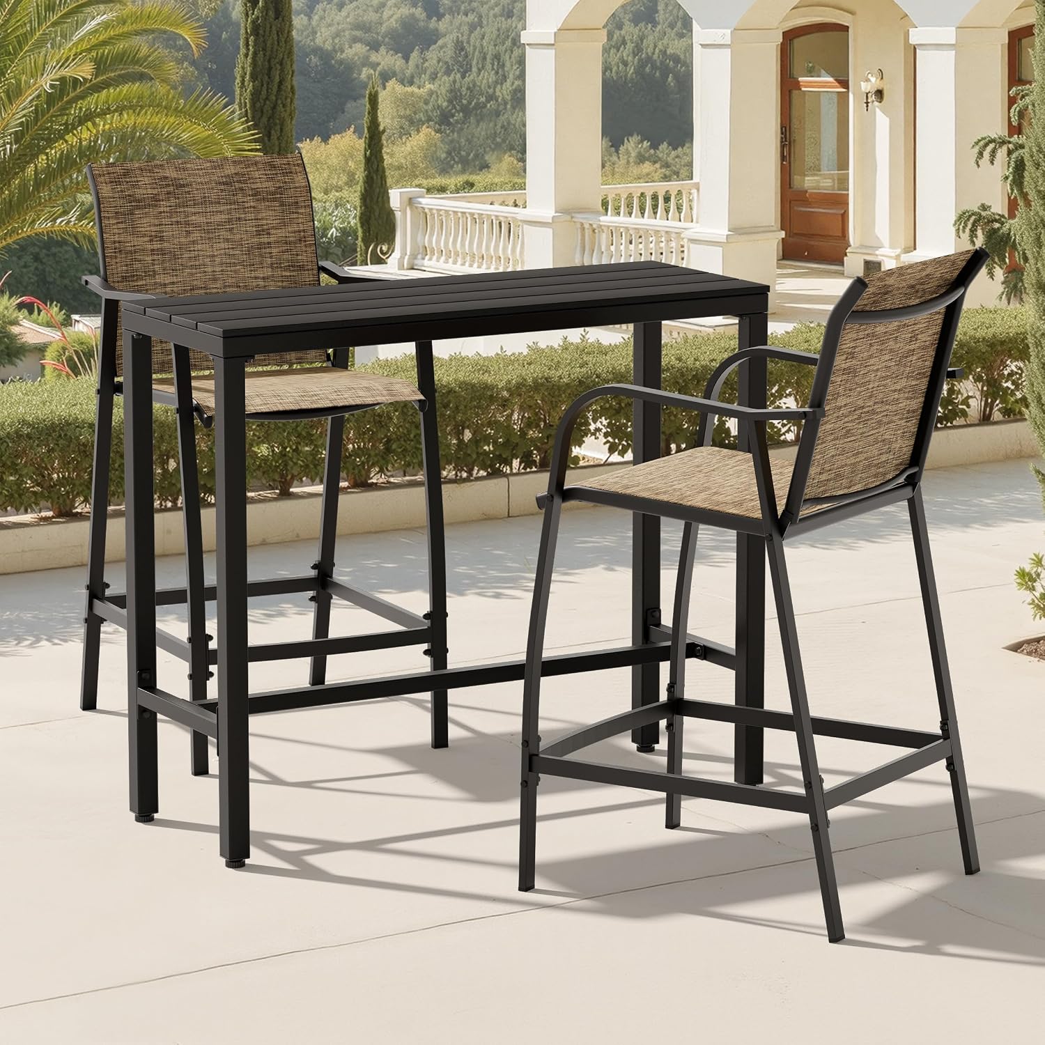 Outdoor Bar Table and Chairs Set of 3, Mesh Seat Patio Counter Stools