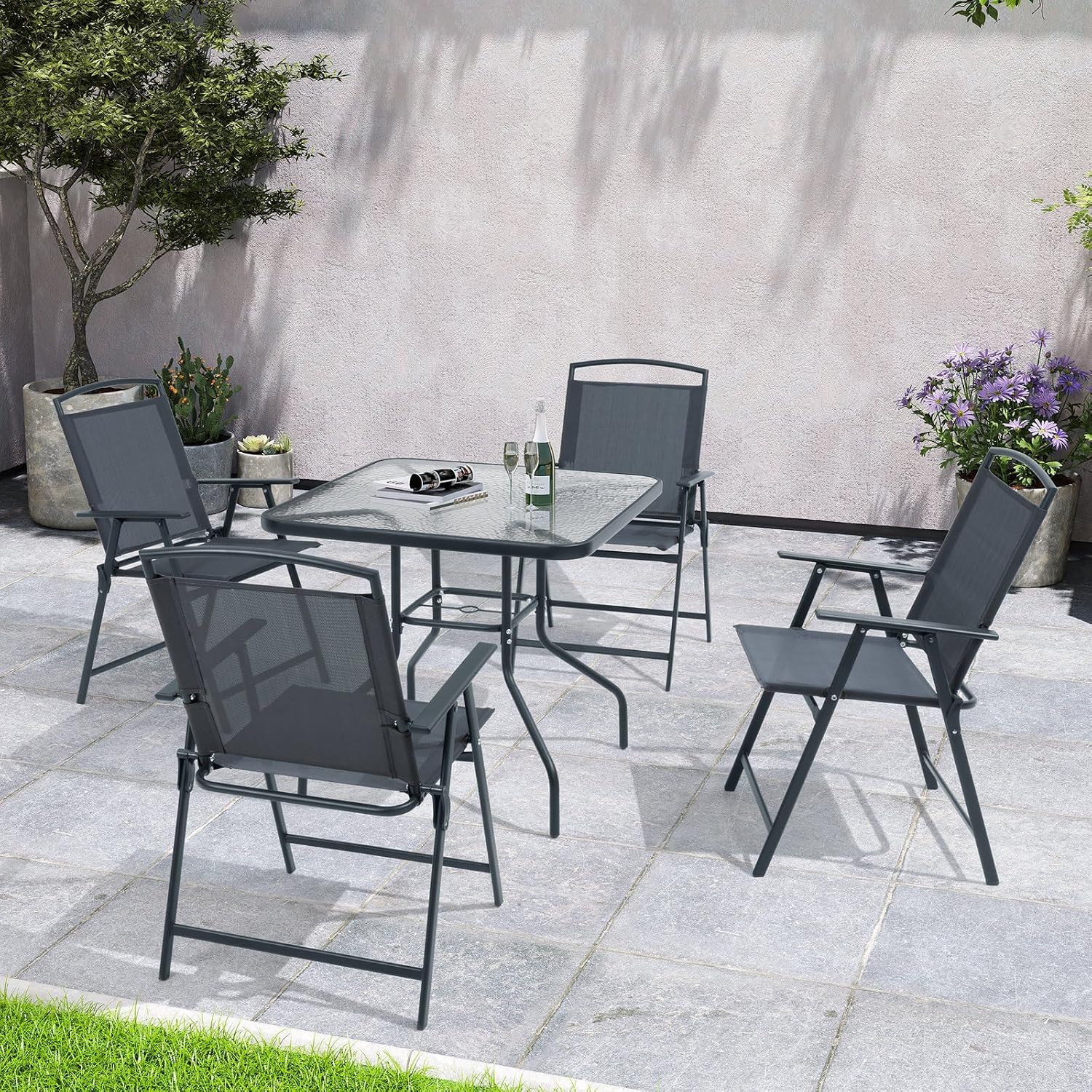 Crestlive Products 5 Piece Patio Dining Set, 4 Folding Chairs and Table
