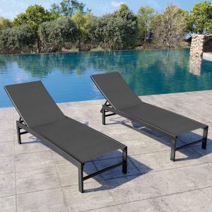 Crestlive Products Chaise Lounge Chair Outdoor Set of 2, Adjustable 5 Positions Pool Lounge Chairs, Metal Tanning Recliner, Outdoor Furniture All Weather for Patio, Beach, Yard, Pool(Black)