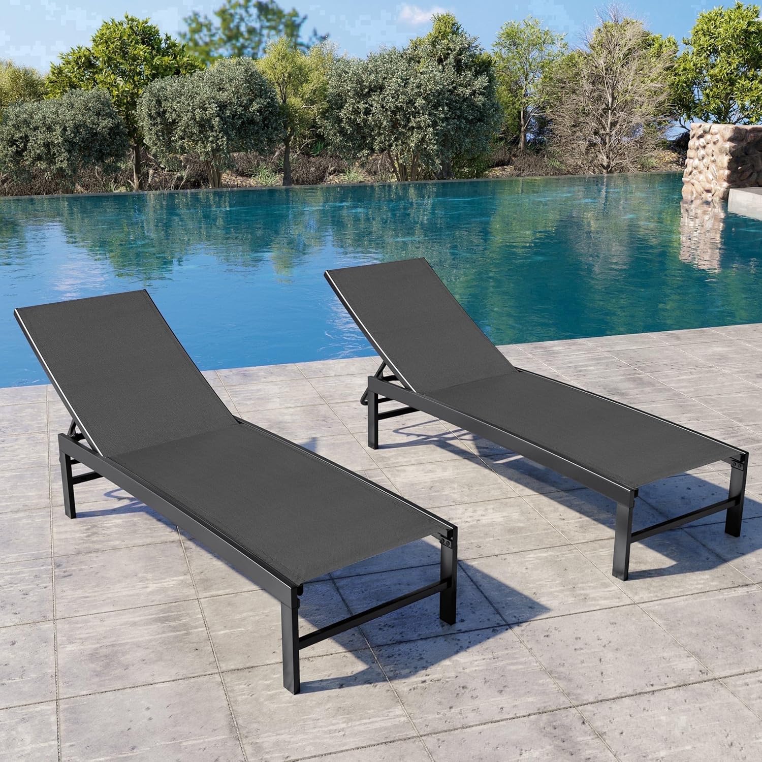 Crestlive Products Chaise Lounge Chair Outdoor Set of 2, Adjustable 5 Positions Pool Lounge Chairs, Metal Tanning Recliner, Outdoor Furniture All Weather for Patio, Beach, Yard, Pool(Black)