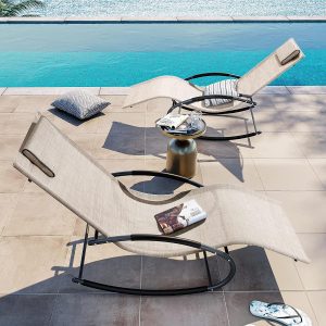 Crestlive Products Patio Rocking Chair Curved Rocker Chaise Lounge Chair with Pillow for Beach Yard Pool Outdoor Indoor, Gray Steel Frame (2 PCS Beige)