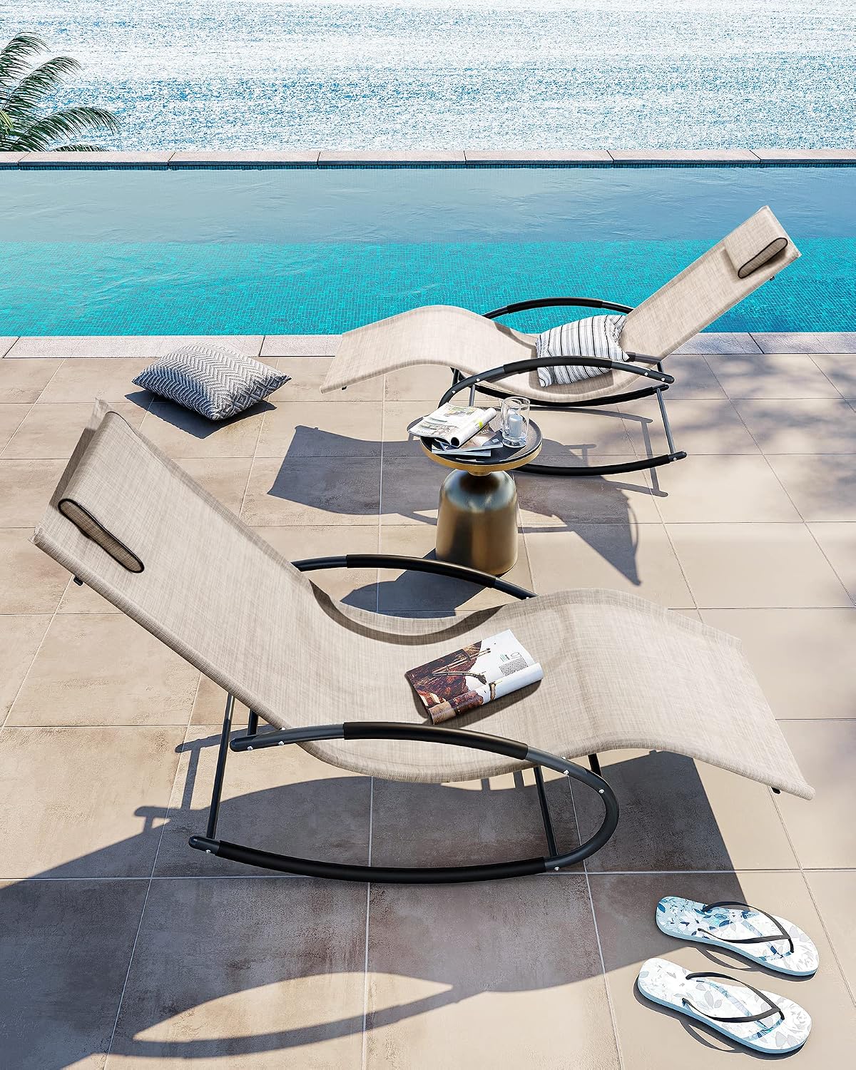Crestlive Products Patio Rocking Chair Curved Rocker Chaise Lounge Chair with Pillow for Beach Yard Pool Outdoor Indoor, Gray Steel Frame (2 PCS Beige)